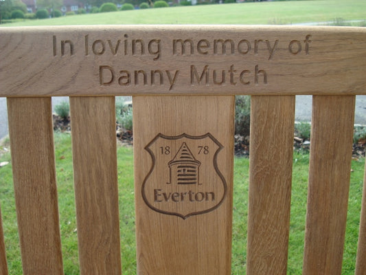 Kenilworth 1.8m teak memorial bench with central panel - Danny Mutch - Everton Football Club