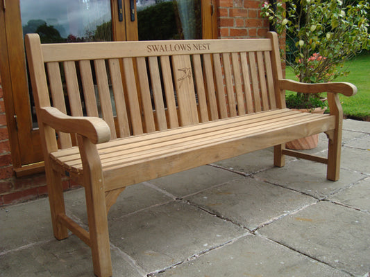Kenilworth 1.8m teak house name bench with central panel - Swallows Nest