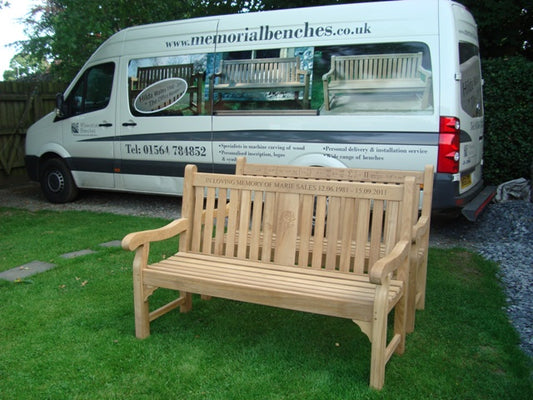 Kenilworth 1.5m teak memorial bench with central panel - Marie Sales