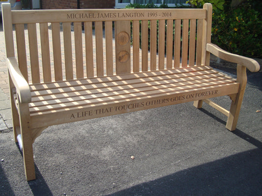 Kenilworth 1.8m teak memorial bench with central panel - Michael James Langton - 3D Guitar & Basketball Engraving