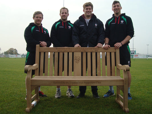 Kenilworth 1.5m teak memorial bench with central panel - London Irish Supporters Club
