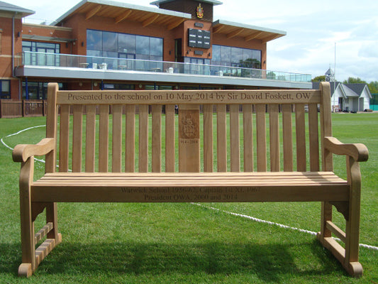 Kenilworth 1.8m teak engraved bench with central panel - 1100th Anniversary of Warwick School