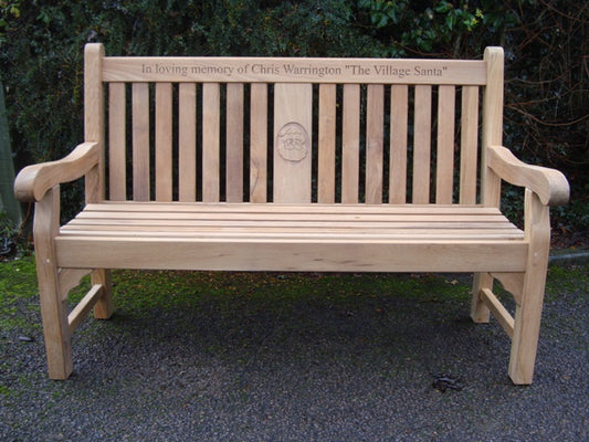 Kenilworth 1.5m teak memorial bench with central panel - The Village Santa