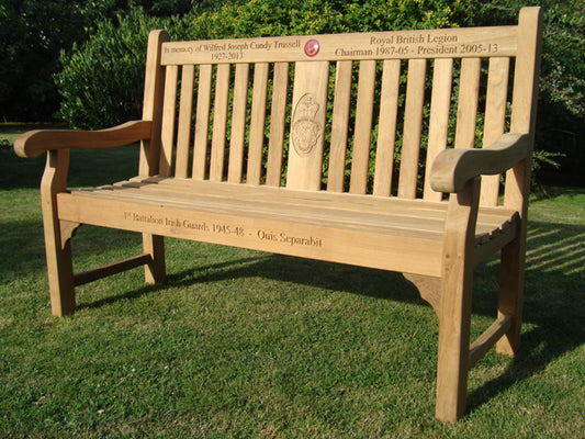 Kenilworth 1.5m teak memorial bench with central panel - Wilfred Trussell - Royal British Legion
