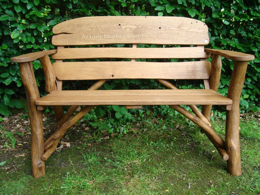 Rustic oak 1.2m memorial bench - acting mother and father