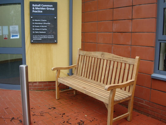 Warwick 1.5m teak memorial bench - Lion George & Flo Wilday