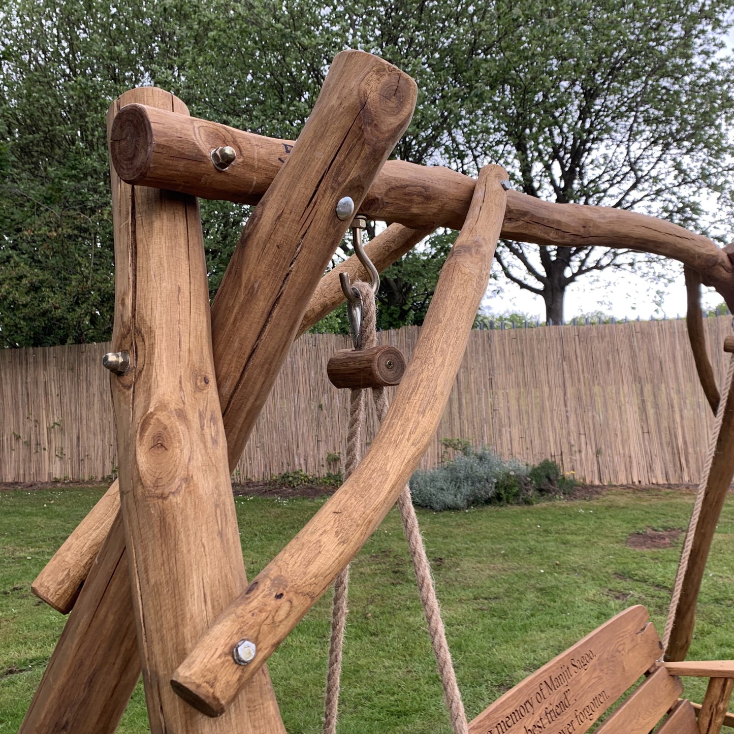 Rustic Oak 3 Seater Memorial Swing Seat with Carved Inscription