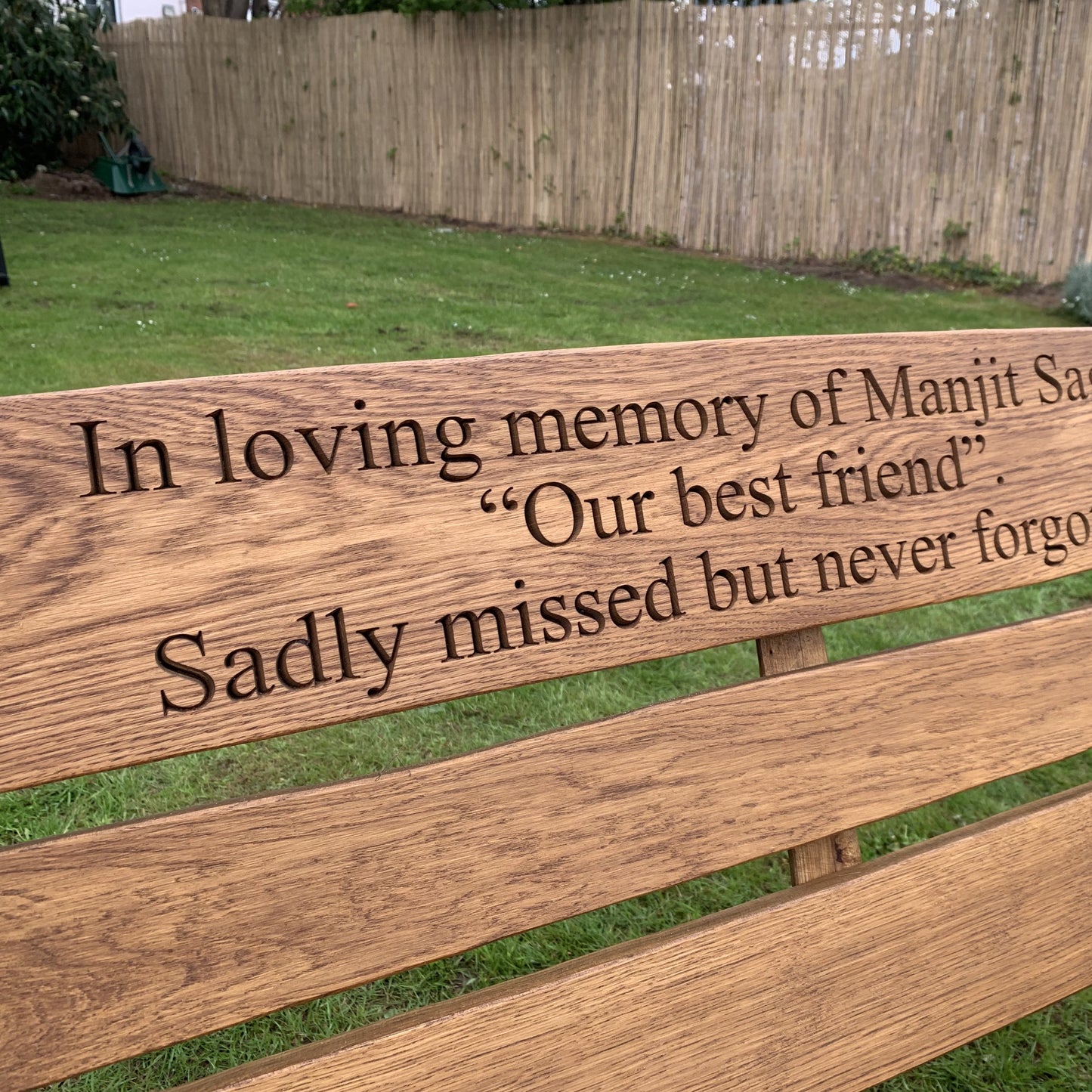 Rustic Oak 3 Seater Memorial Swing Seat with Carved Inscription