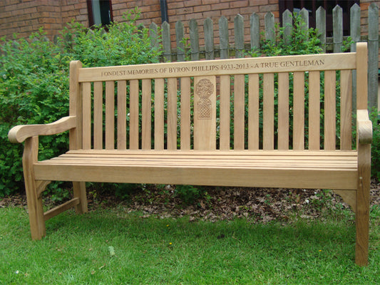 Kenilworth 1.8m teak memorial bench with central panel - Byron Phillips