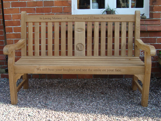 Kenilworth 1.5m teak memorial bench with central panel - Becca Owen - 3D Shark Engraving