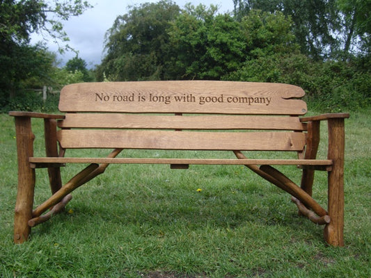 Rustic oak 1.7m memorial bench - no road is long