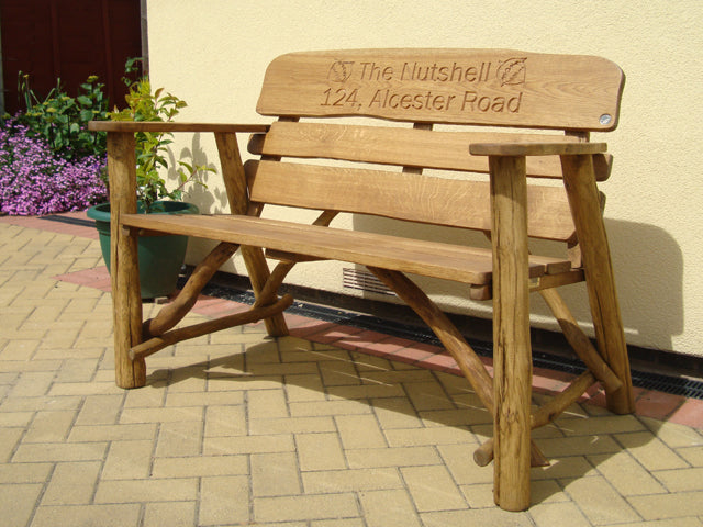 Rustic oak 1.2m oak house name bench - The Nutshell – 4memorialbench