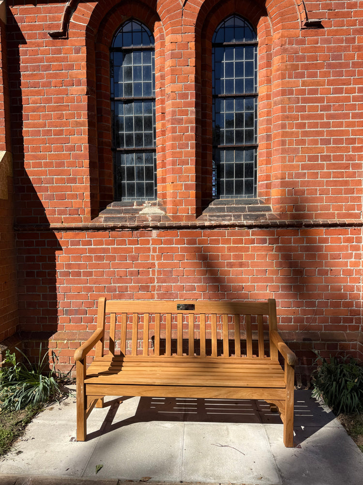 FSC certified teak Chester memorial bench collection with a brass plaque 