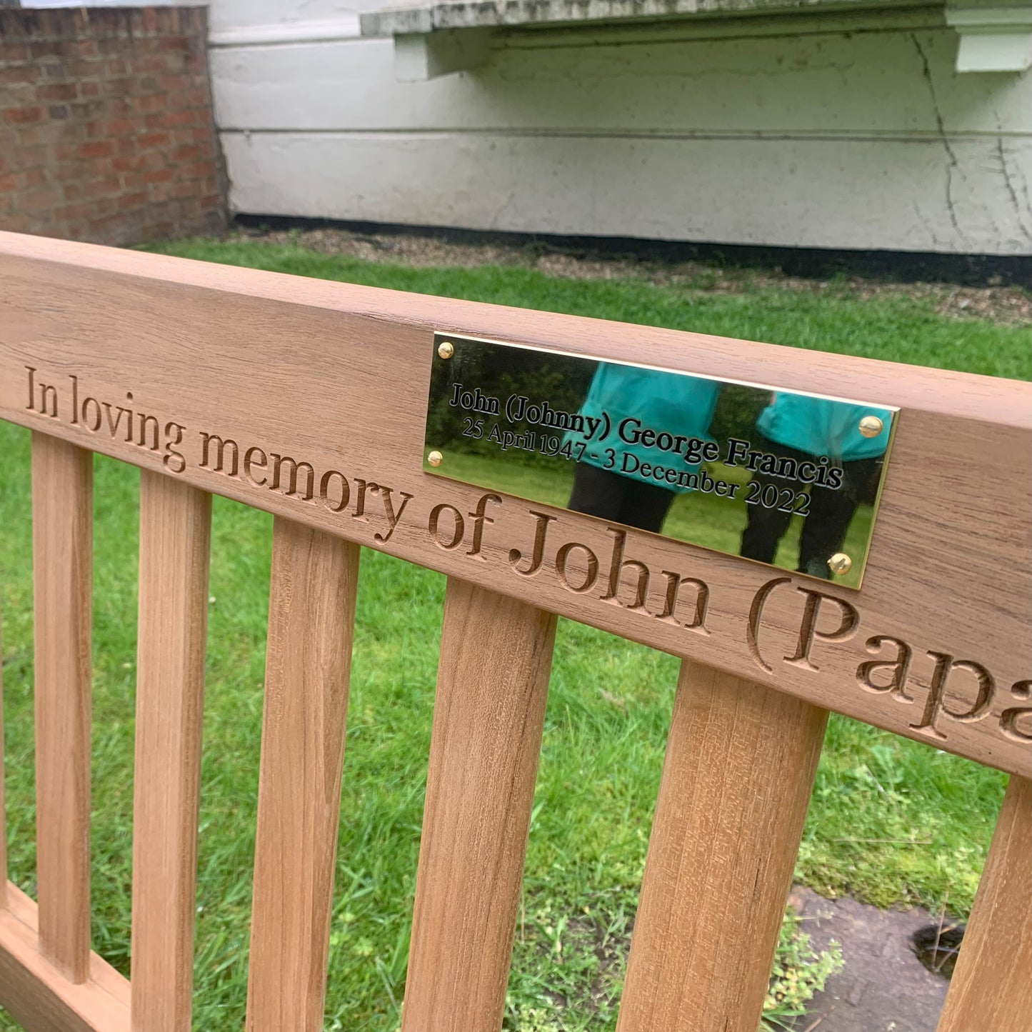 6"x2" on top rail of Rochester teak 5ft memorial bench