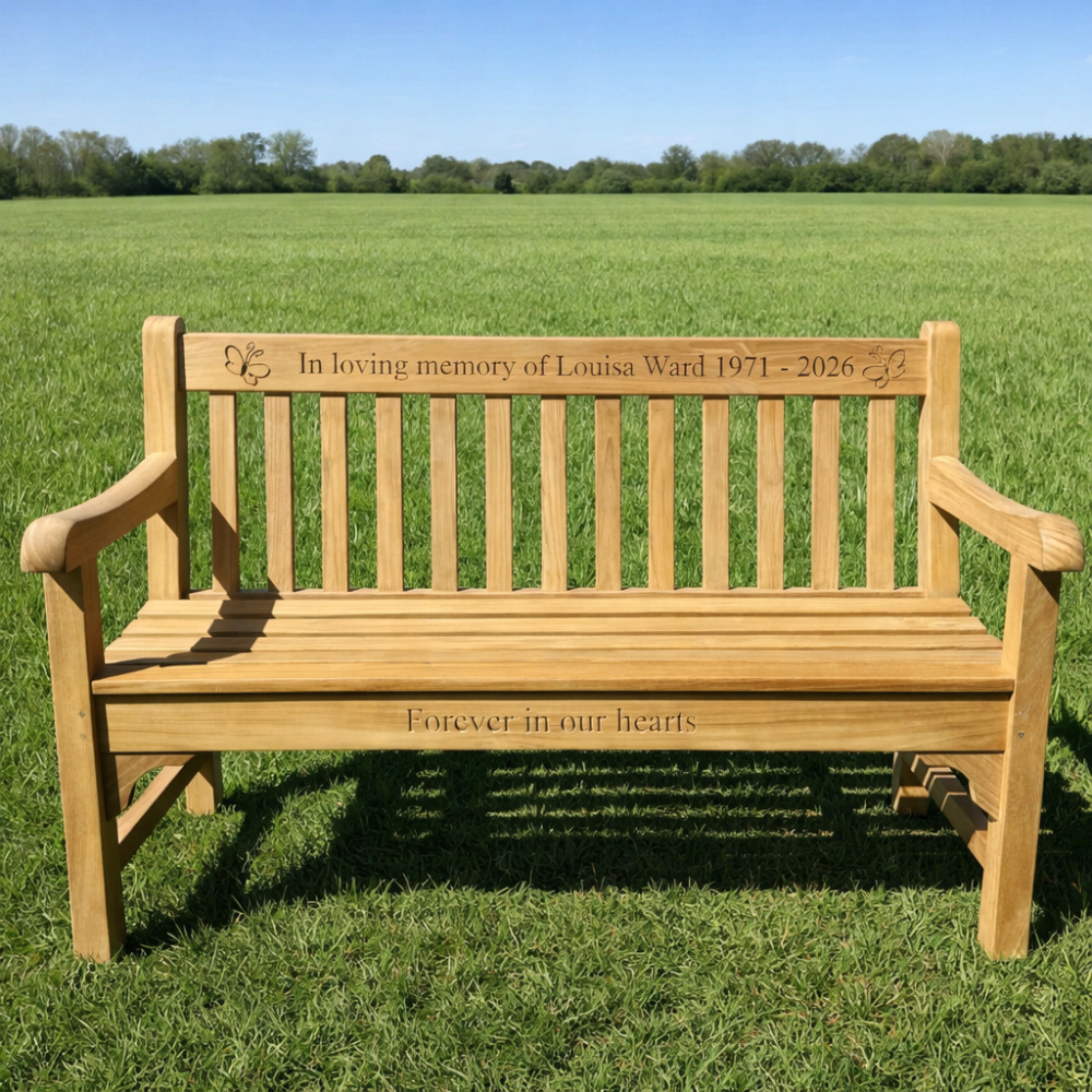 FSC certified teak low back Chester 3 seater memorial bench with letter and image engraving into wood 