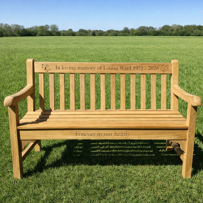 FSC certified teak low back Chester 3 seater memorial bench with letter and image engraving into wood 