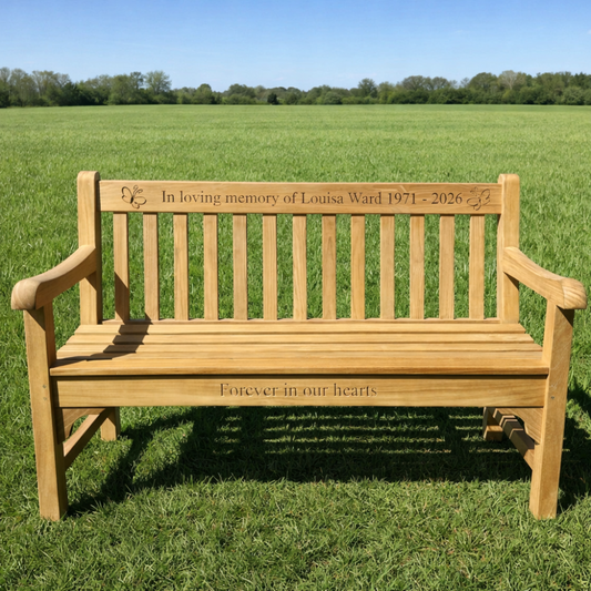 FSC certified teak low back Chester 3 seater memorial bench with letter and image engraving into wood 