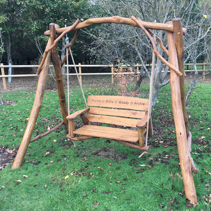 Rustic Oak 2 Seater Memorial Swing Seat with Carved Inscription
