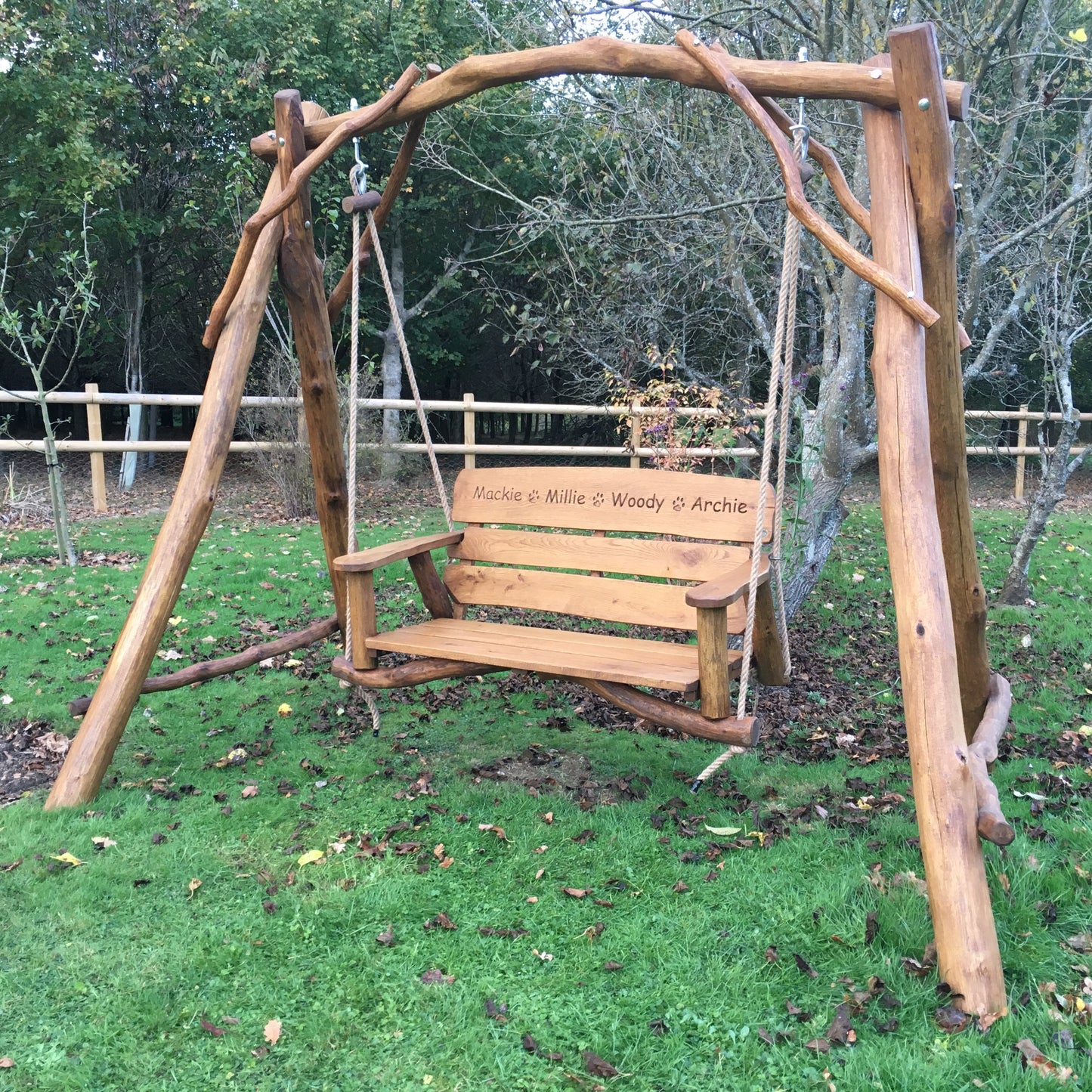 Rustic Oak 2 Seater Memorial Swing Seat with Carved Inscription