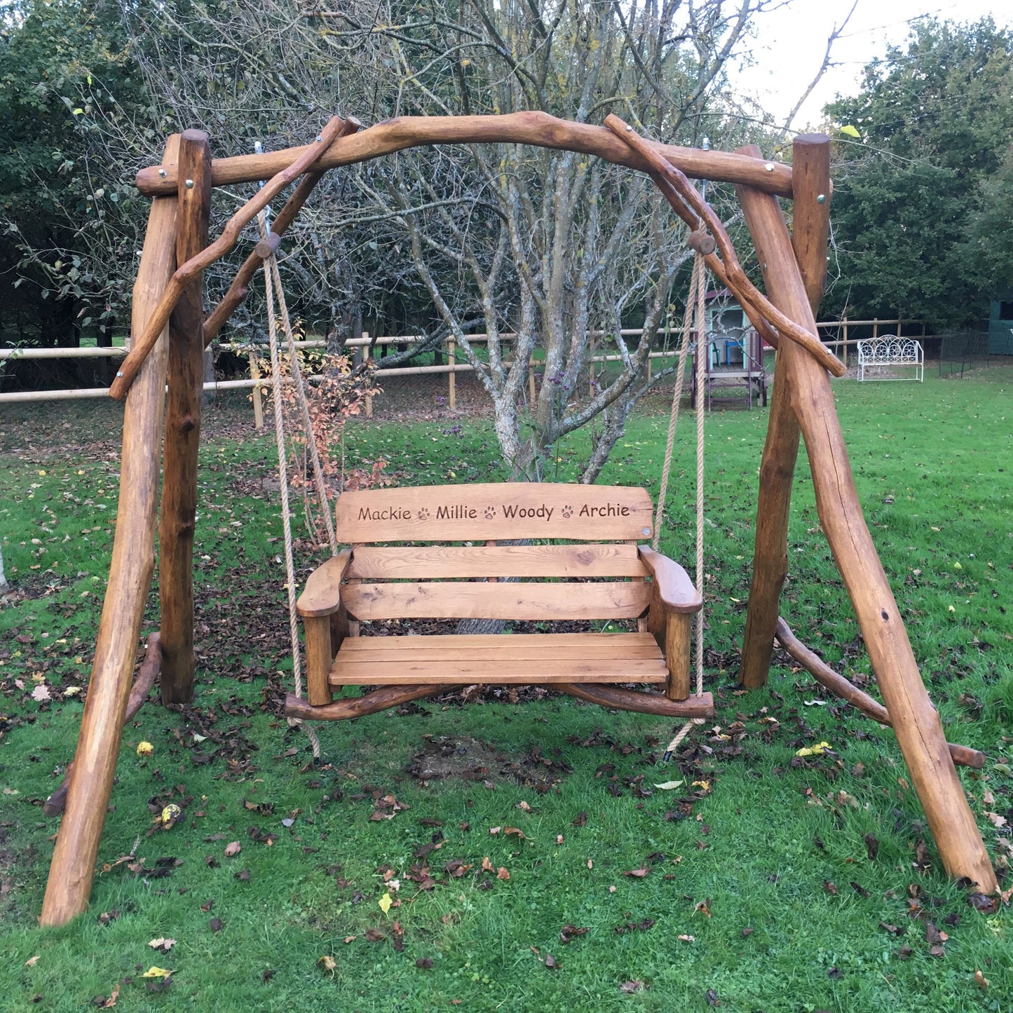 Rustic Oak 2 Seater Memorial Swing Seat with Carved Inscription