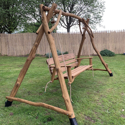 Rustic Oak 3 Seater Memorial Swing Seat with Carved Inscription