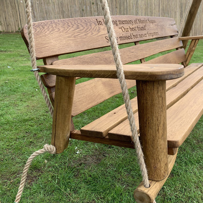 Rustic Oak 3 Seater Memorial Swing Seat with Carved Inscription