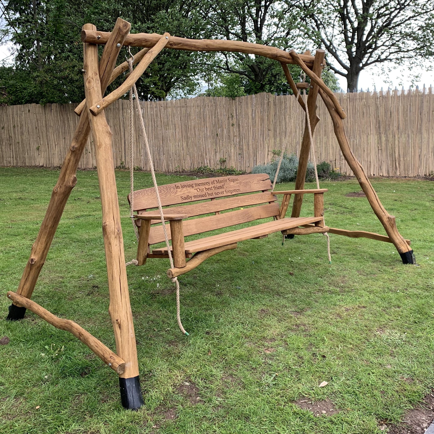 Rustic Oak 3 Seater Memorial Swing Seat with Carved Inscription